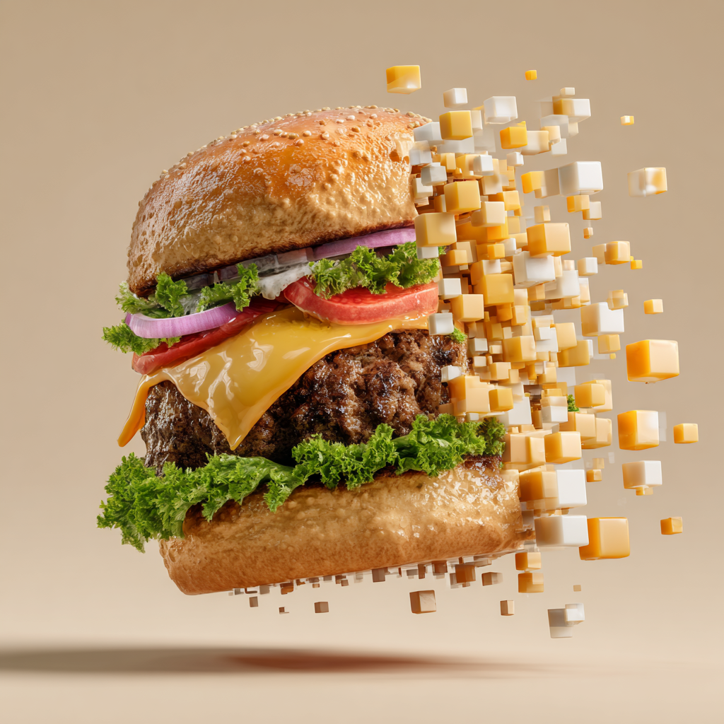 햄버거, 버거가 픽셀 큐브로 분해되는 초현실 그래픽 광고 컷. — 결과 이미지 4/4