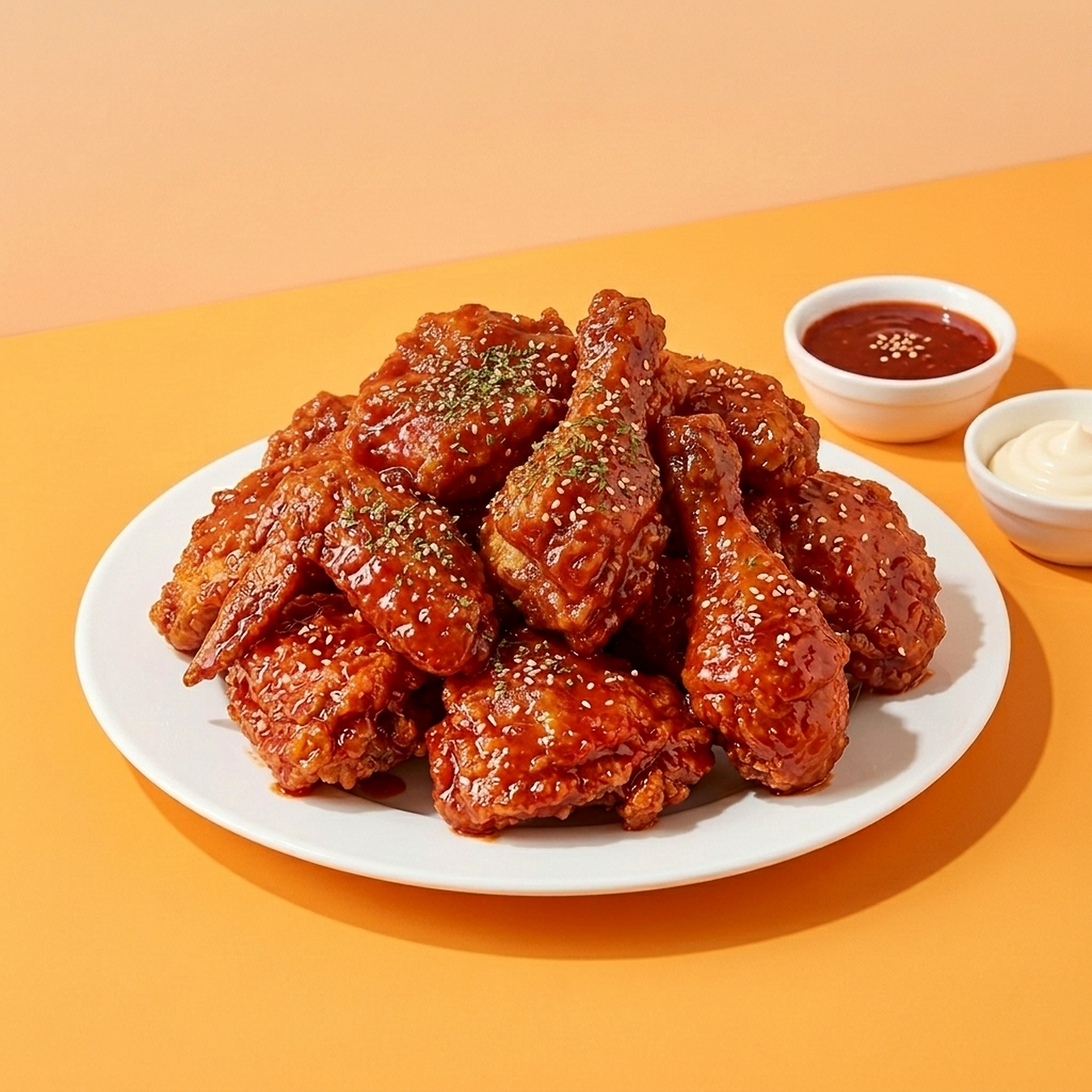 배달앱 뼈치킨 양념, 윤기 있는 붉은 양념이 닭 표면에만 남고, 한 마리 분량이 또렷한 메뉴컷. — 결과 이미지 1/1