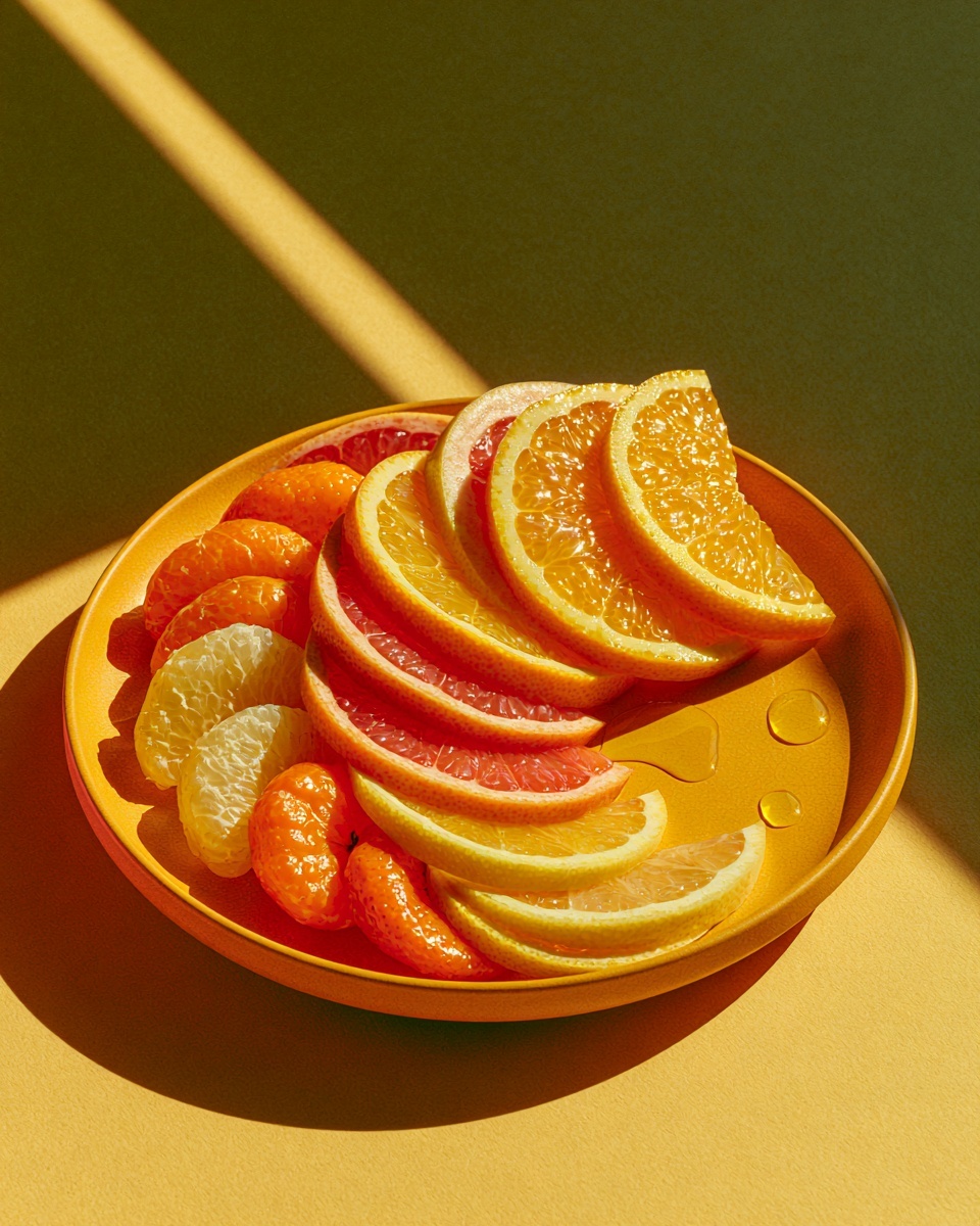 ORANGE, IN LIGHT., 감귤의 과육과 그림자를 한 접시에 쌓은 주황 푸드 에디토리얼. — 결과 이미지 1/1