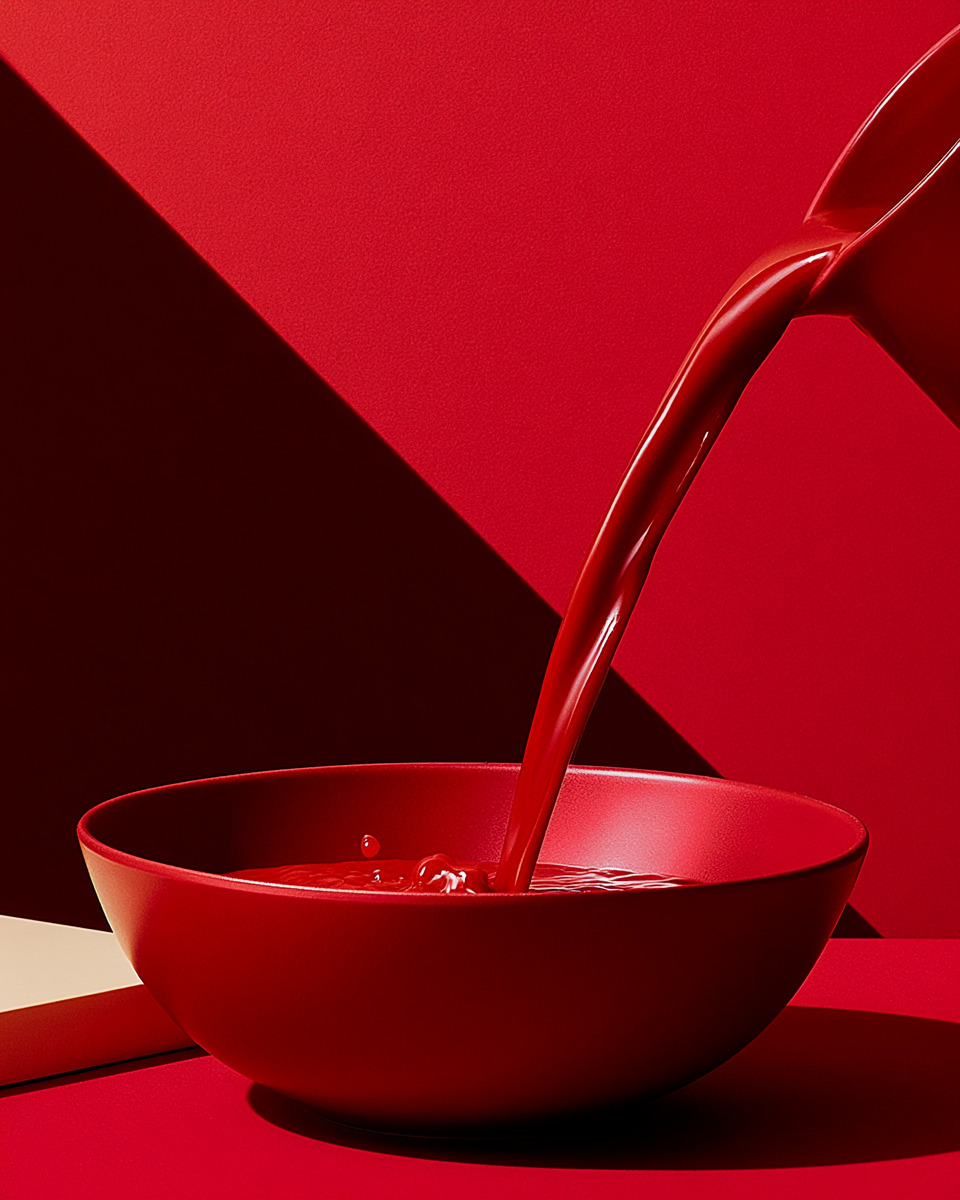 RED, AGAIN., 붓는 한 동작으로 시작하는 크림슨 푸드 에디토리얼. — 결과 이미지 1/1