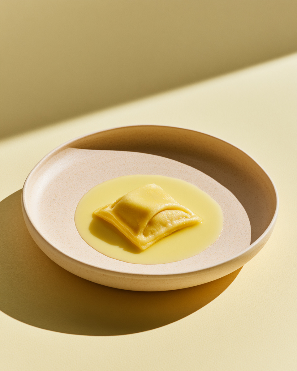 YELLOW, DUSTED., 버터 소스 위에 아뇰로티 하나만 남긴 보송한 노랑. — 결과 이미지 1/1